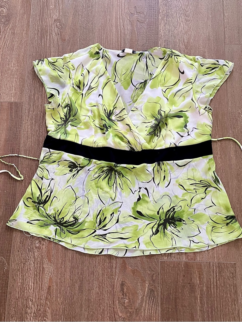 Women’s Green Floral Wrap Top with Black Waistband